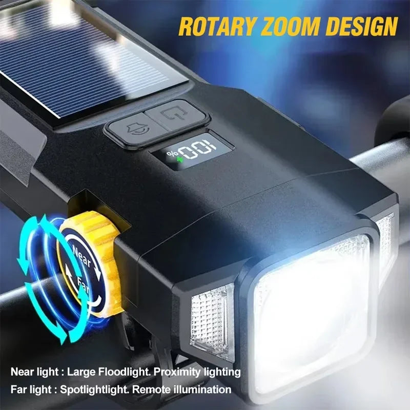 Phare Vélo 2000LM + Zoom + 4000mAh — Recharge Solaire & USB — LED COB Latérale Rouge — Étanche IPX5 — Idéal VTT, Route & Cyclotourisme