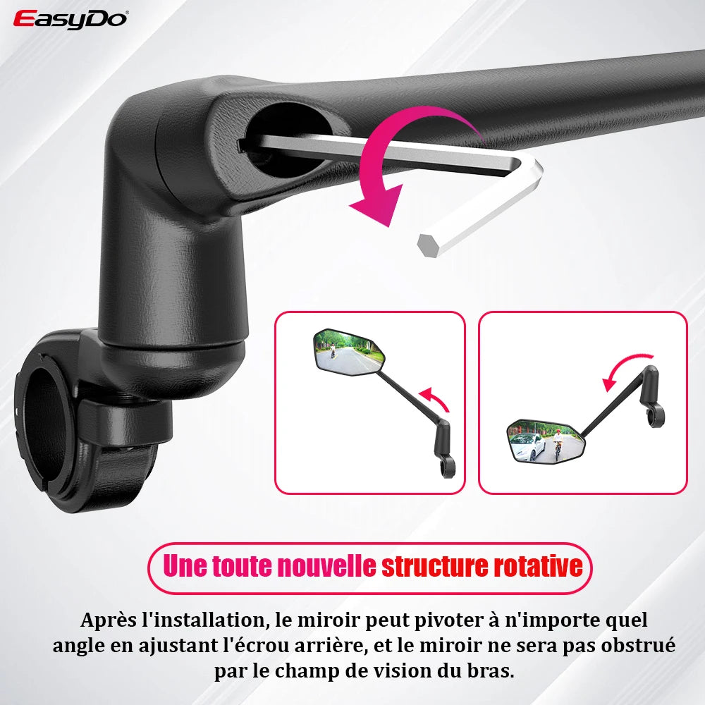 Rétroviseur Vélo EasyDo — Bras Télescopique 360° Rotatif — Compatible VTT, Route, VAE — Installation Rapide sur Guidon — Vision Arrière Sécurisée
