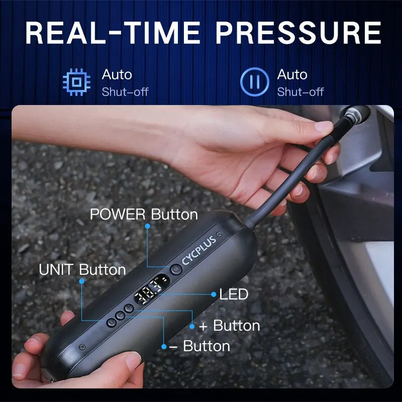 COMPRESSEUR D’AIR INTELLIGENT CYCPLUS A2 — 150 PSI • ÉCRAN DIGITAL • BATTERIE 5200mAh • RECHARGE USB-C — IDÉAL VÉLO • VOITURE • MOTO • BALLONS