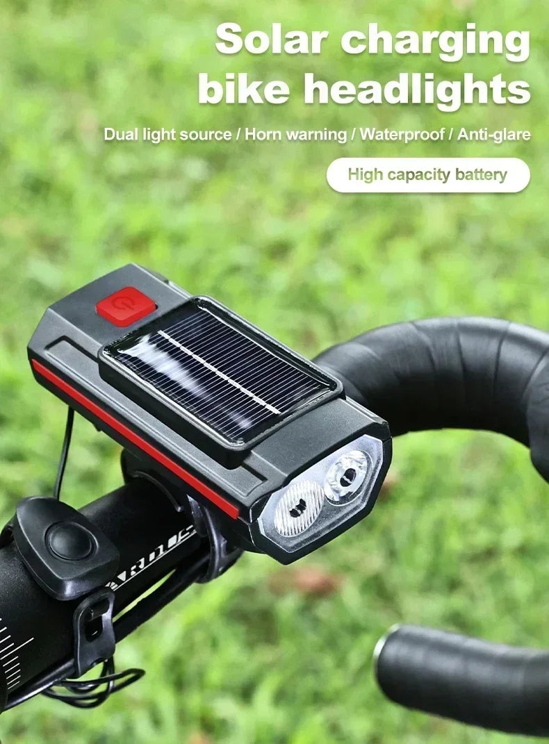 Phare Vélo 2000LM + Zoom + 4000mAh — Recharge Solaire & USB — LED COB Latérale Rouge — Étanche IPX5 — Idéal VTT, Route & Cyclotourisme
