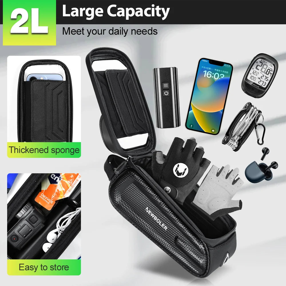 🚴‍♂️ Sac de Cadre Vélo NEWBOLER — Étanche + Écran Tactile — Compatible Téléphone 6,5” — Fixation Stable — Idéal VTT, Route, Gravel — Accès Instantané